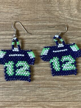 Handmade Blue, Green & White Beaded '12' Jersey Drop Earrings
